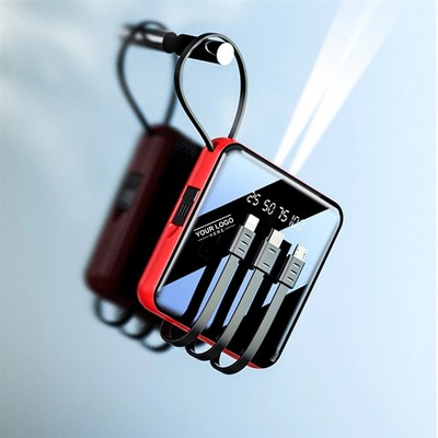 10,000mAh Compact Power Bank with Built-in Charging Cable